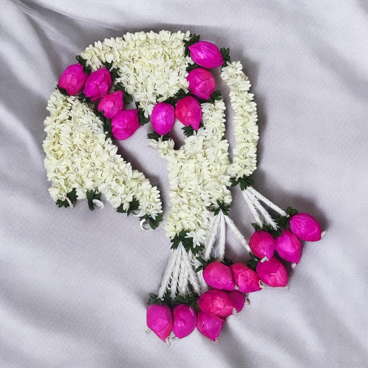 Cloth Jasmine Flowers Garland with Lotus Latkan Chain, 3ft Long, 4 Pcs