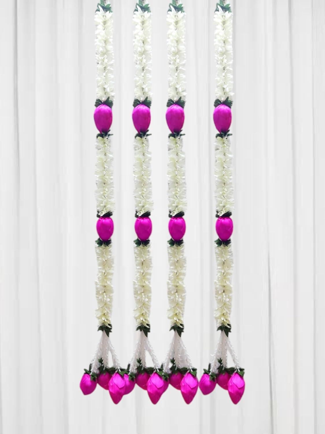 Cloth Jasmine Flowers Garland with Lotus Latkan Chain, 3ft Long, 4 Pcs