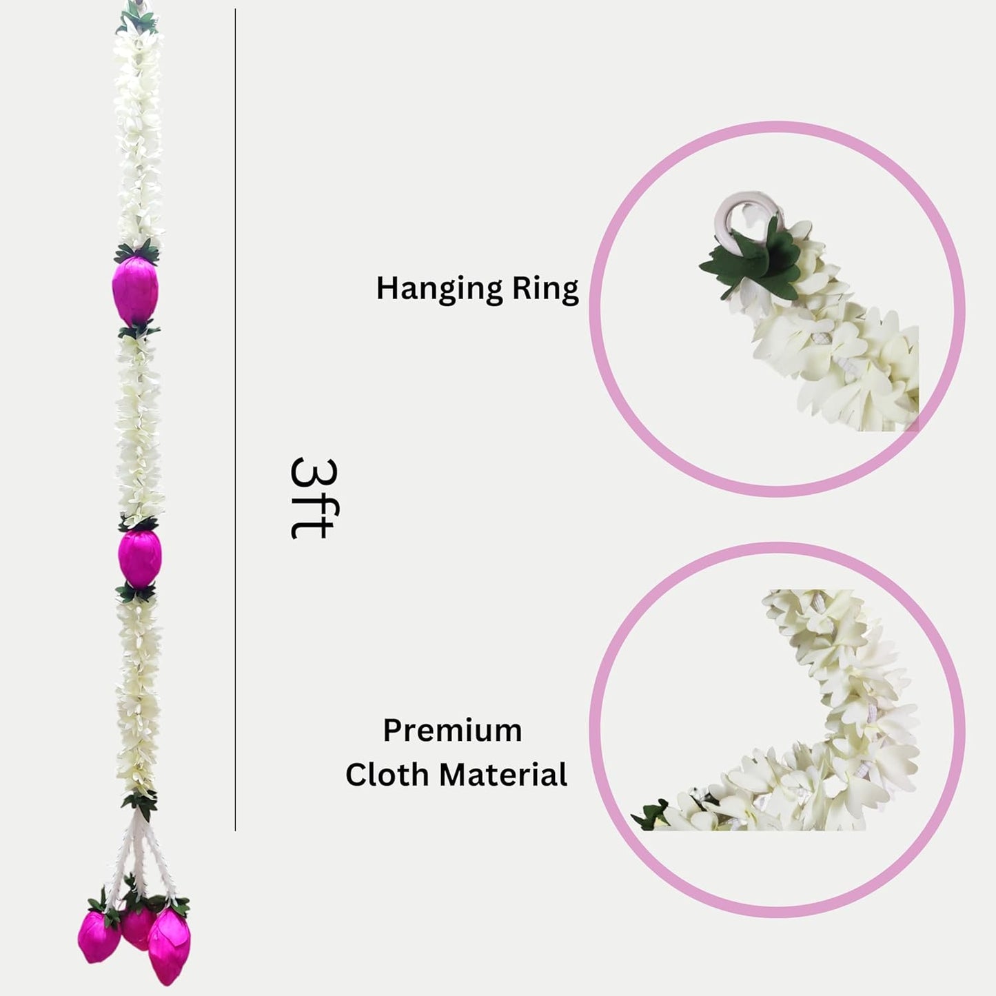 Cloth Jasmine Flowers Garland with Lotus Latkan Chain, 3ft Long, 4 Pcs