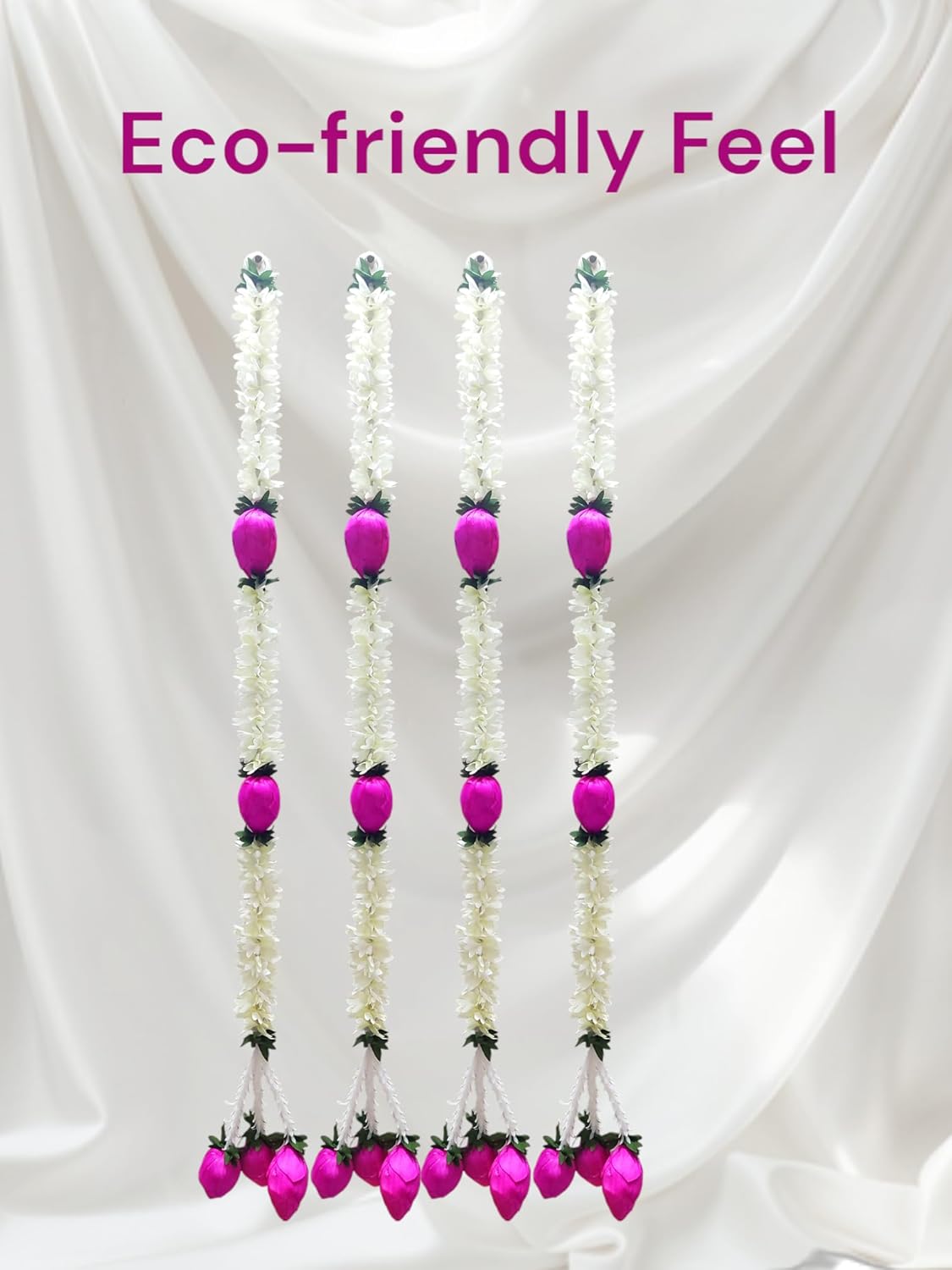 Cloth Jasmine Flowers Garland with Lotus Latkan Chain, 3ft Long, 4 Pcs