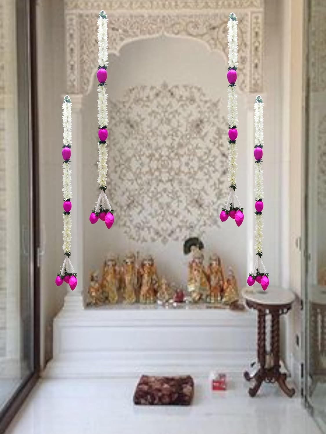 Cloth Jasmine Flowers Garland with Lotus Latkan Chain, 3ft Long, 4 Pcs