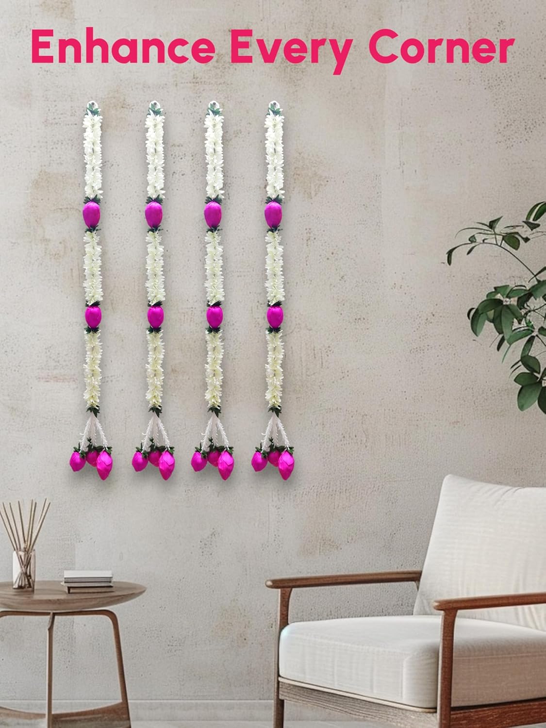 Cloth Jasmine Flowers Garland with Lotus Latkan Chain, 3ft Long, 4 Pcs