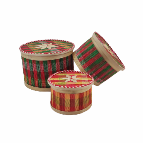 Handmade Bamboo Round Jewelry Box Multicolor Set of 3